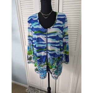 BEREK Top Womens Plus 2x Blue Wearable Art Mesh Cityscape Sequins Zip Blouse